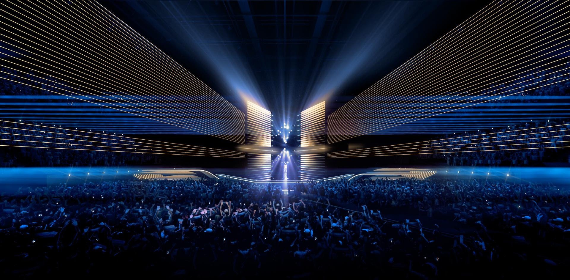 A 2020-as Eurovíziós Dalfesztivál színpada Florian Weider tervei alapján - az NPO, a NOS és AVROTROS grafikája