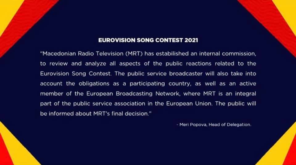 A Eurovision Macedonia Facebook-oldalon 2021. március 16-án megjelent közlemény