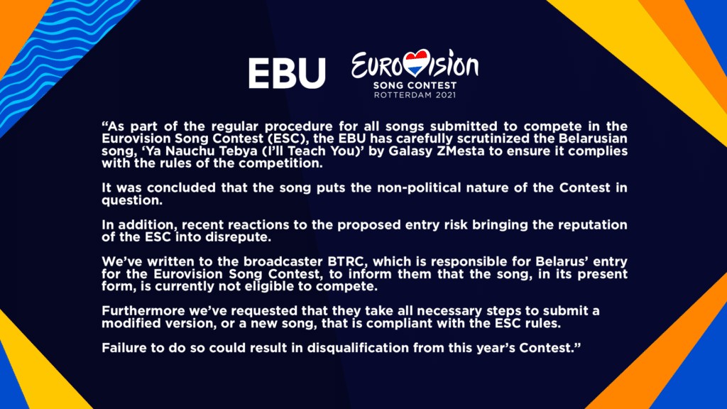 Az EBU közleménye a fehérorosz Galasy ZMesta nevezett versenydalával, a Ya Nauchu Tebya (I’ll Teach You) című számmal kapcsolatosan - EBU-grafika