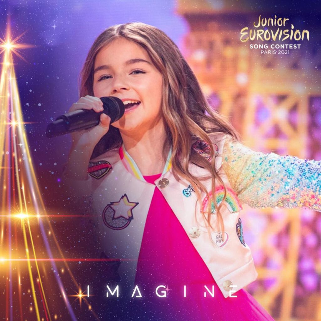 A 2020-as Junior Eurovízió győztes dalának, a J’imagine című dal előadója, Valentina - a Eurovision.tv grafikája