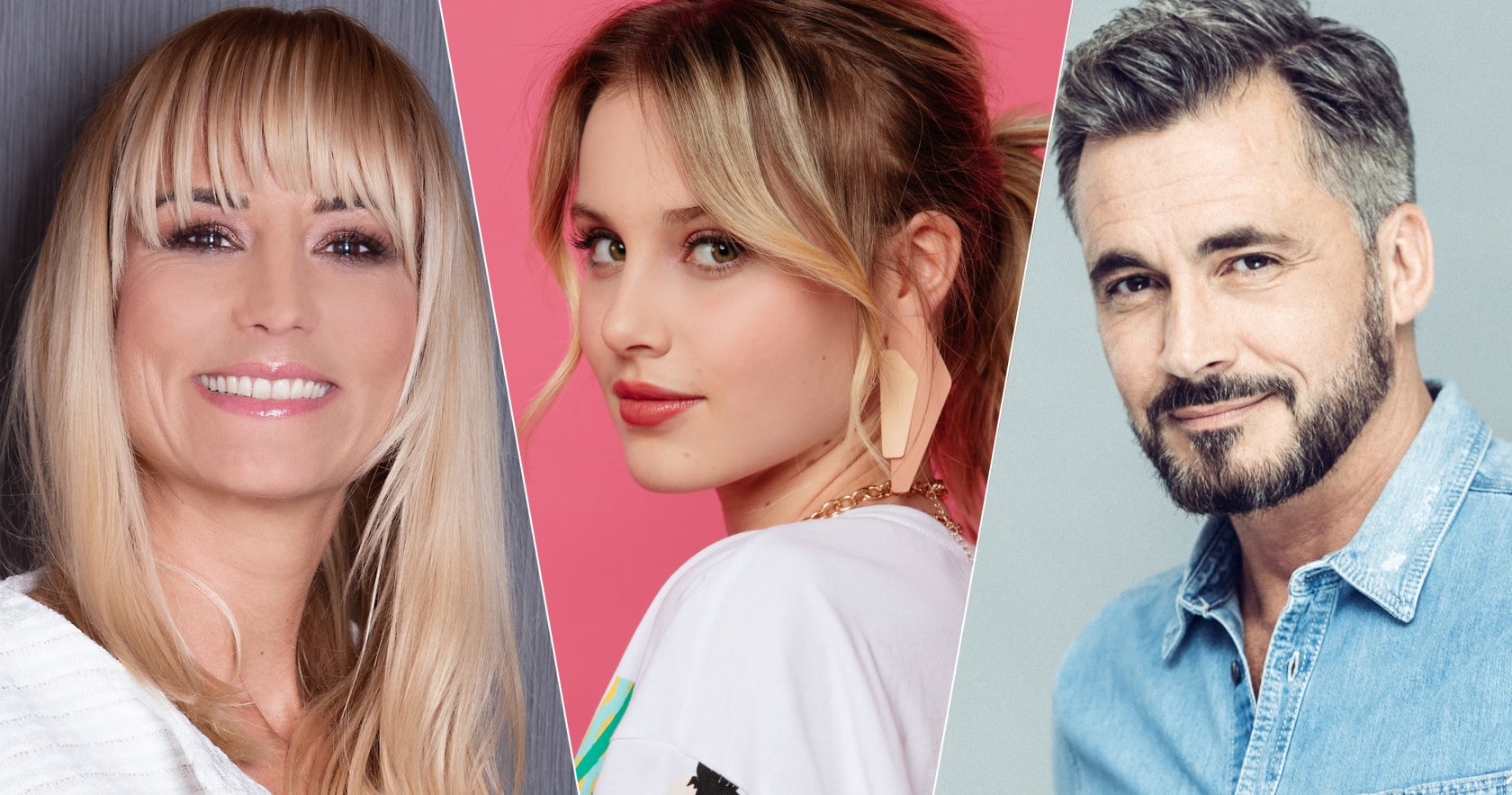 A Junior Eurovíziós Dalfesztivál 2021 műsorvezetői - Élodie Gossuin, Carla (JESC Franciaország 2019) és Olivier Minne - a JuniorEurovision.tv grafikája
