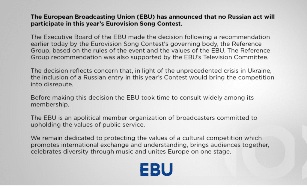 Az EBU közleménye Oroszország 2022-es Eurovíziós Dalfesztiválról való kizárásával kapcsolatban - EBU-grafika
